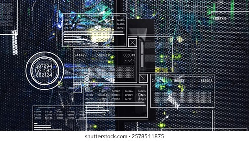 Image of screens with digital data processing over computer servers. Global connections, computing and data processing concept digitally generated image.
