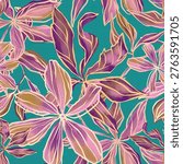The image is a seamless pattern with a beige background. It features a variety of flowers and leaves in different shades of pink, white, and green. The flowers are arranged in a symmetrical pattern, with some overlapping each other. The leaves are scattered throughout the pattern, creating a sense of depth and dimension. The overall effect is a beautiful and delicate floral design.