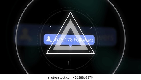 Image of shapes over followers growing number on black background. Global social media and digital interface concept digitally generated image.