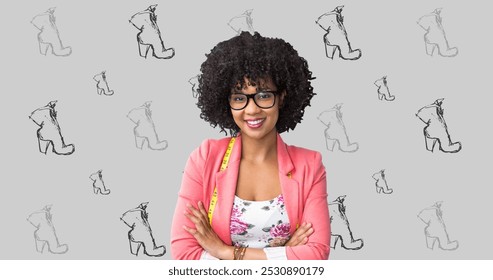 Image of shoes icons and african american female fashion designer on green background. fashion and accessories background pattern concept digitally generated image. - Powered by Shutterstock