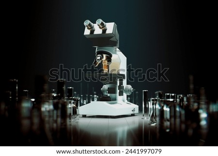 An image showcasing a cutting-edge microscope with vivid detail, surrounded by test tubes, symbolizing the forefront of scientific and medical laboratory research.