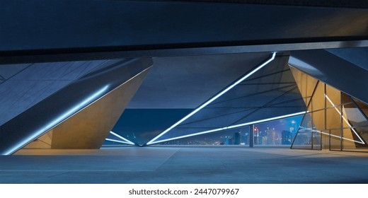 Image showcasing modern architectural design with glowing blue lights at night. 3D rendering - Powered by Shutterstock