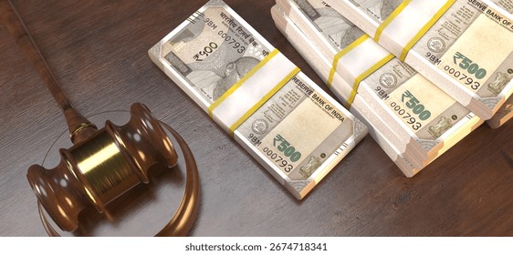 An image showing a judge's gavel next to stacks of Indian five hundred rupee notes on a wooden table..