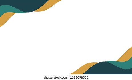 The image shows an abstract design featuring gold and teal wavy lines forming a frame on a white background.