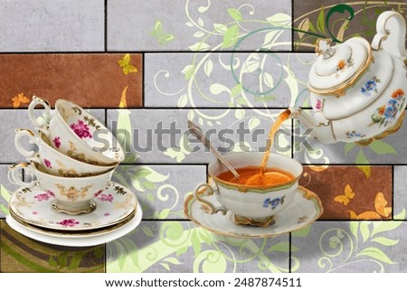 The image shows a background pattern featuring various items related to serving tea and coffee, such as saucers, coffee cups, teacups, teapots, mugs, and other dishware. The items are made of porcelai