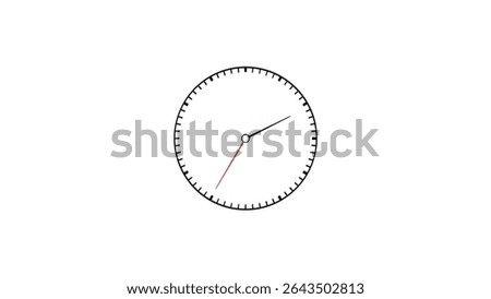 The image shows a clock face with a black border, black tick marks, a black minute hand, and a red hour hand.