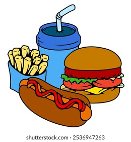  The image shows a colorful deal of a hot dog,burger and fries with a drink, all sitting on a white table. - Powered by Shutterstock