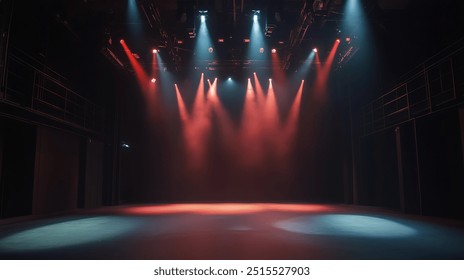 The image shows a dimly lit stage with multiple spotlights shining down, creating a dramatic atmosphere. The lights are in shades of red and blue, casting colored beams and soft reflections on the flo - Powered by Shutterstock