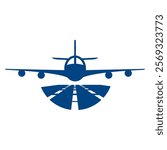 The image shows a flat logo design in round shape of an airplane taking off from the runway in an airport 