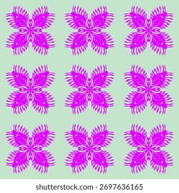The image shows a repeating pattern of bright pink abstract floral shapes arranged in a 3×3 grid on a light green background. Each shape resembles a four-petaled flower with dynamic, feathery edges.