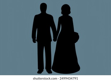 The image shows a silhouette of a couple holding hands, with the man wearing a suit and the woman wearing a long dress, possibly indicating a wedding scene. - Powered by Shutterstock