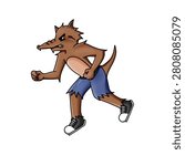 The image shows the software interface of a professional photo editing application, containing a specific file named "Fox man.jpg" on a white canvas. This digital illustration features an anthropomorphic brown fox character in a dynamic, full-stride running pose against a dark workspace background. The fox has an aggressive, angry facial expression and wears a pair of tattered blue shorts with black-and-white low-top sneakers. All typical editing tools are visible.