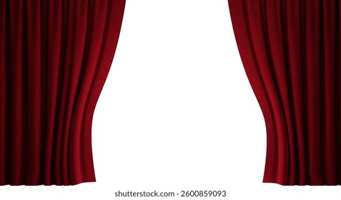 Image shows two deep red velvet curtains pulled back to reveal a bright white background. The folds and texture are visible, suggesting luxury and a theatrical setting.