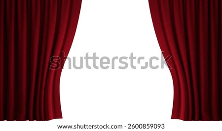 Image shows two deep red velvet curtains pulled back to reveal a bright white background. The folds and texture are visible, suggesting luxury and a theatrical setting.