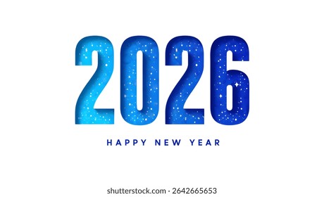 2026 год изображен большими, жирными, синими цифрами. Текст «С Новым годом» отображается небольшим, простым шрифтом. Фон чёрный. Изолировано на прозрачном фоне.