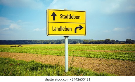 An image with a signpost pointing in two different directions in German. One direction points to city life, the other points to country life.