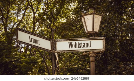 An image with a signpost pointing in two different directions in German. One direction points to wealth, the other points to poverty.