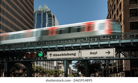 An image with a signpost pointing in two different directions in German. One direction points to asylum, the other points to deportation.