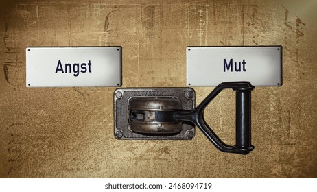 An image with a signpost pointing in two different directions in German. One direction points to courage, the other points to fear.