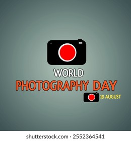 The image is a simple design for World Photography Day, celebrated on August 19th. It features a stylized camera icon with a red circle representing the lens.  - Powered by Shutterstock