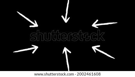 Image of six white arrows pointing inwards on black background. movement and direction concept digitally generated image.