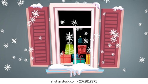 Image Of Snow Falling Over Christmas Presents Seen Through Window. Christmas, Tradition And Celebration Concept Digitally Generated Image.