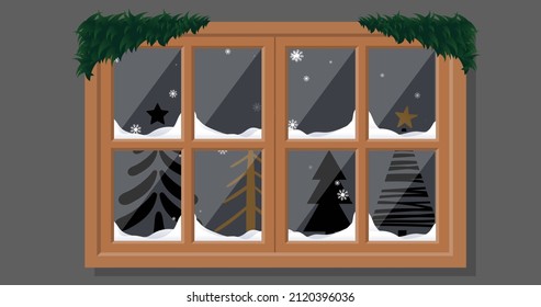 Image Of Snow Falling Over Christmas Trees Seen Through Window. Christmas, Tradition And Celebration Concept Digitally Generated Image.