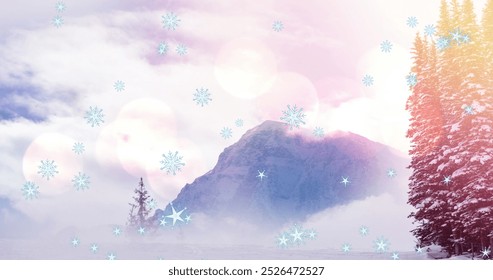 Image of snow falling over landscape. International mountain day and celebration concept digitally generated image. - Powered by Shutterstock