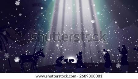 Image of snow falling over nativity scene. Christmas, celebration and digital interface concept digitally generated image.