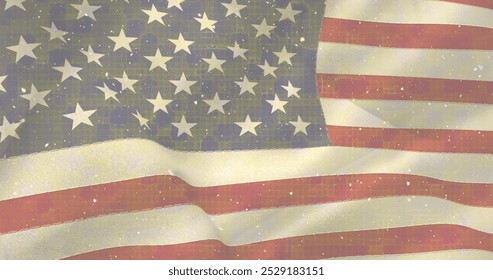 Image of snow falling over shapes and flag of usa. Politics and patriotism concept digitally generated image.