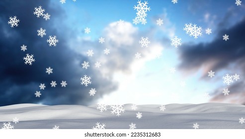 Image of snow falling over winter landscape and sky. christmas, winter, tradition and celebration concept digitally generated image.