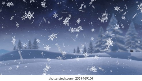 Image of snow falling over winter landscape background. Christmas winter tradition and celebration concept digitally generated image.