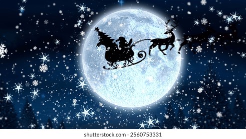 Image of snowflakes and stars over santa sleigh over full moon. Christmas, tradition, winter and celebration concept digitally generated image. - Powered by Shutterstock