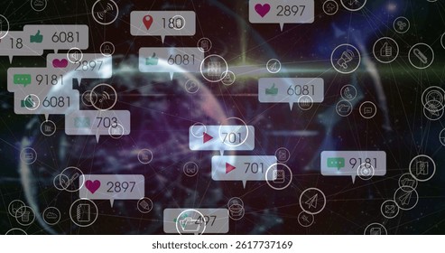 Image of social media icons and numbers over globe. global social media, communication and digital interface concept digitally generated image.