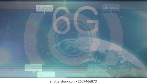 Image of social media icons over 6g text, globe and scope scanning. global social media, communication, digital interface, technology and networking concept digitally generated image.