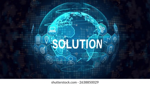 Image of solution text with icons over globe on black background. Global business and digital interface concept digitally generated image.
