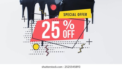 Image of special offer 25 percent off text over dripping black paint on white. retail, online shopping, diy, digital interface, connection and communication, digitally generated image. - Powered by Shutterstock