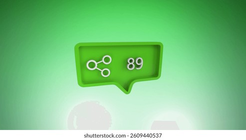 Image of speech bubble with share icon and numbers growing over green background. global social media network, connection, communication and technology concept digitally generated image.