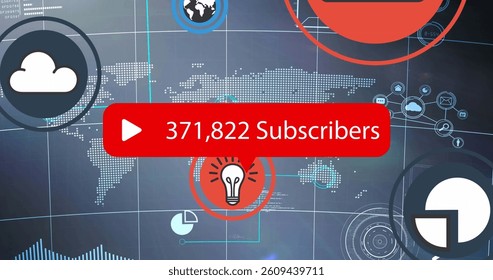 Image of speech bubble with subscribers text and numbers over world map. global technology, social media connections and digital interface concept digitally generated image