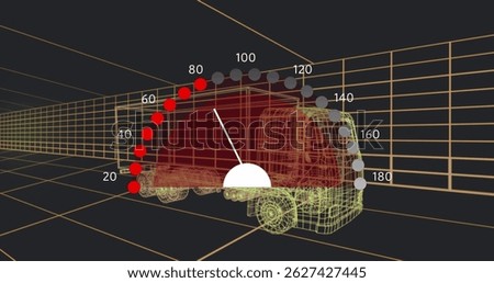 Image of speedometer over 3d car model. Cloud computing, digital interface and security concept digitally generated image.