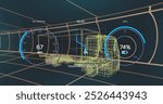 Image of speedometer over electric truck project on navy background. electric car, green energy, eco power, sustainability and technology concept digitally generated image.