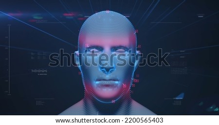 Image of spinning model of human head and data processing on interface. digital interface, communication and technology concept digitally generated image.