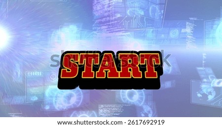 Image of start text over scope scanning and data processing. global social media, data processing and digital interface concept digitally generated image.