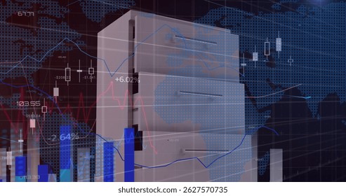 Image of statistical data processing over drawer cabinet against world map on blue background. Global business and data technology concept