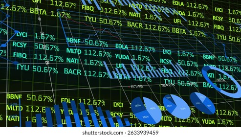 Image of statistics and data processing over world map. Global finance business and digital interface concept digitally generated image.