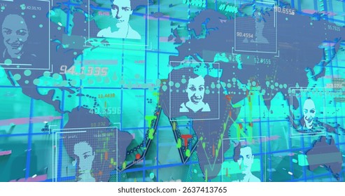 Image of statistics and data processing over globe and world map. Global business and digital interface concept digitally generated image. - Powered by Shutterstock - Get 15% off with code: PIKWIZARD15