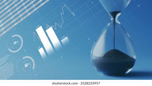 Image of statistics and financial data processing over hourglass. Global business, finances, computing and data processing concept digitally generated image.