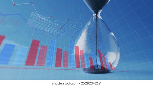 Image of statistics and financial data processing over hourglass. Global business, finances, computing and data processing concept digitally generated image.