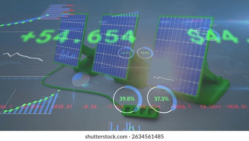 Image of statistics and financial data processing over world map. Global business digital interface technology and networking concept digitally generated image.