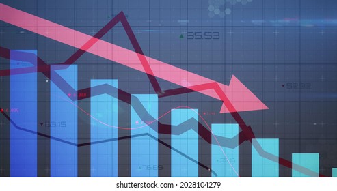 Image of statistics with red arrow pointing down and financial data processing. global business and finance concept digitally generated image.